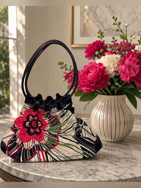 Brighton Embroidered Floral Drawstring Shoulder Bag - Pink, Black & Green